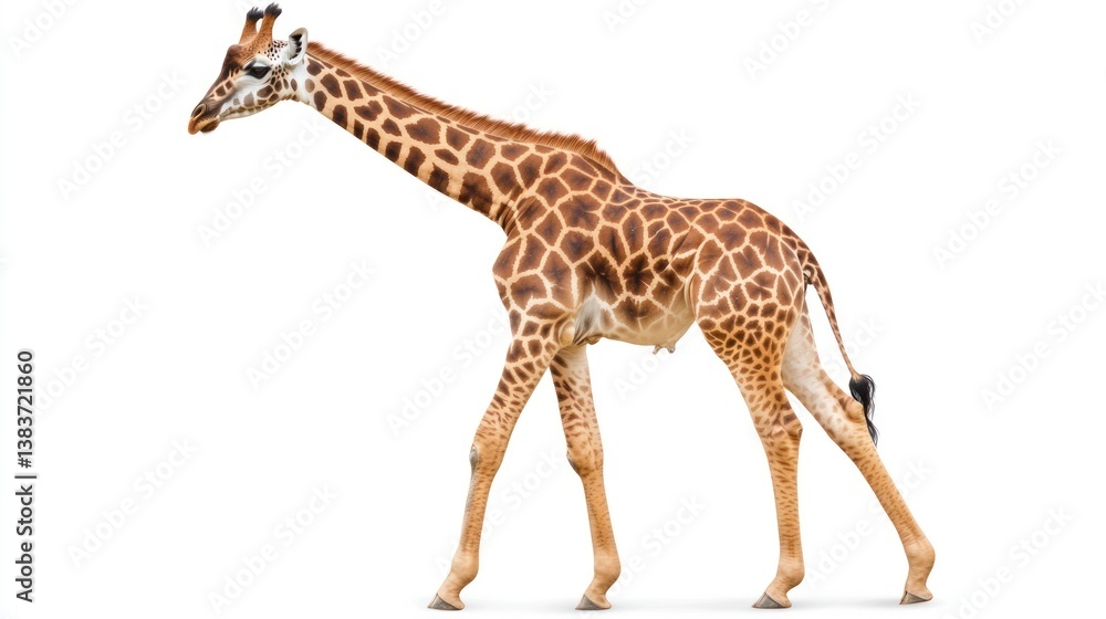 Fototapeta premium Walking Giraffe Isolated on White Background in Studio Lighting