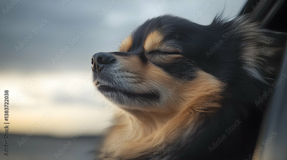 Happy Dog Enjoying the Breeze with Eyes Closed in a Car Window