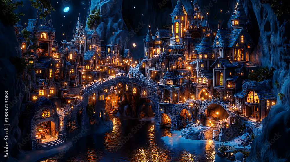 Naklejka premium The underground city of medieval culture is illuminated by artificial light sources, 3d rendering