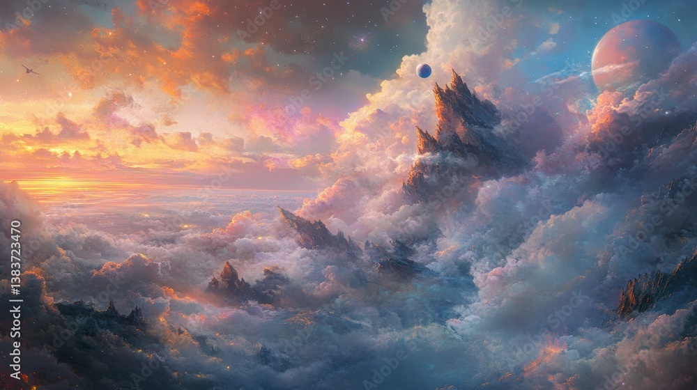 Fototapeta premium Surreal sunset landscape with floating mountains, clouds, and planets in a vibrant sky.