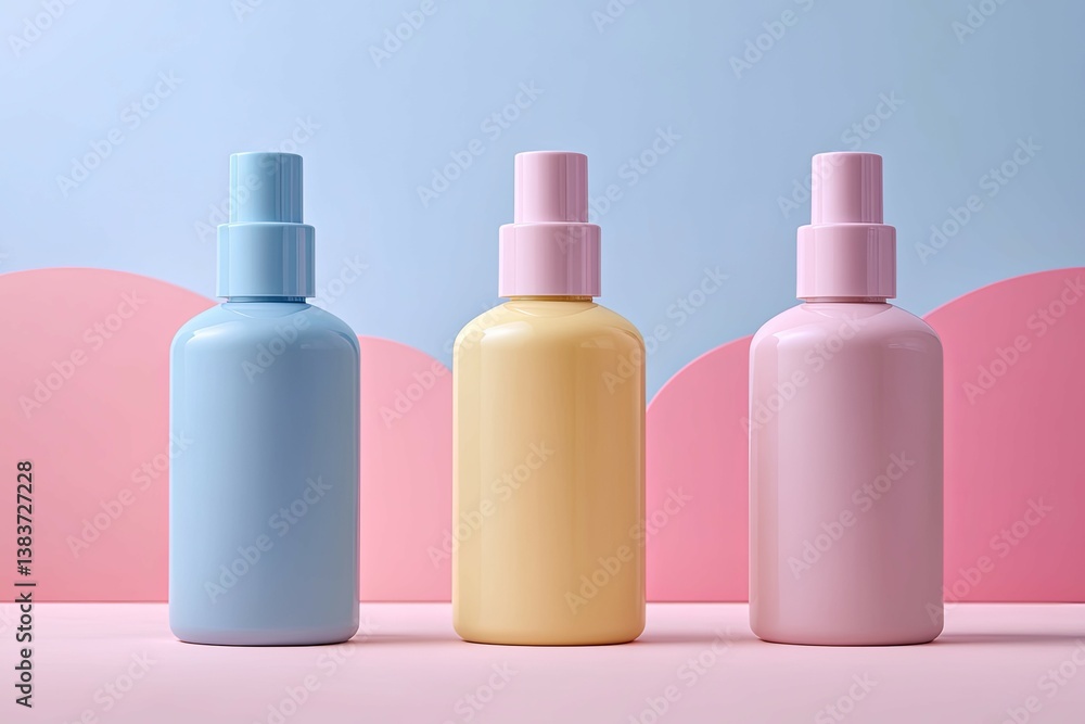Three colorful spray bottles are presented on a soft surface Three colorful spray bottles are presented on a soft surface