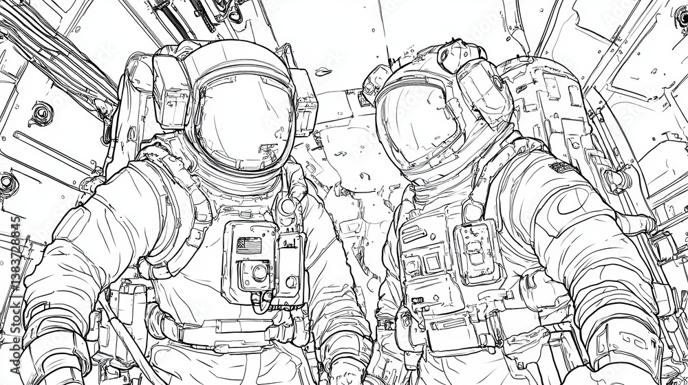 Obraz premium Futuristic Coloring Book Page Featuring Two Astronauts in a Spacecraft with Intricate Details