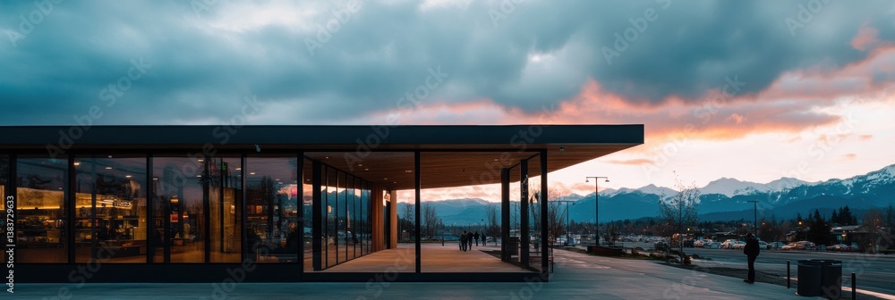 Fototapeta premium Minimalist Mountain-View Architecture Glass Pavilion Design at Twilight - Sustainable Urban Infrastructure with Panoramic Landscape Integration and Contemporary Spatial Innovation