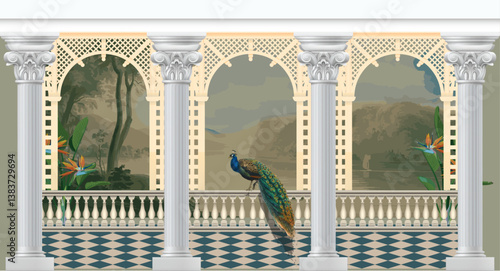 Vintage wallpaper with garden arch place. Antique scenic wallpaper.