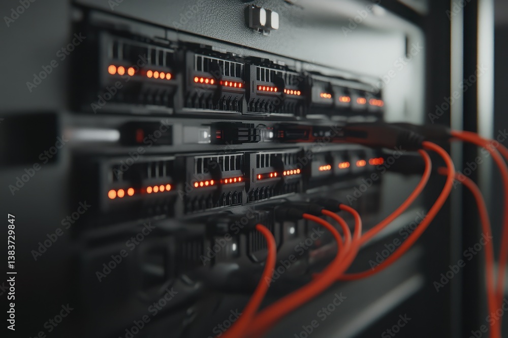 Network switch and ethernet cables in data center 3d rendering close up of network cables connected to an internet hub shallow depth of field. Network switch and ethernet cables in data center 3d rendering close up of network cables connected to an internet hub shallow depth of field.