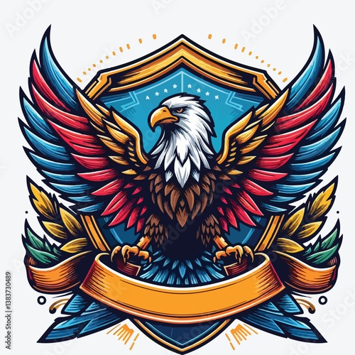 Eagle with shield and ribbon. stock illustration
