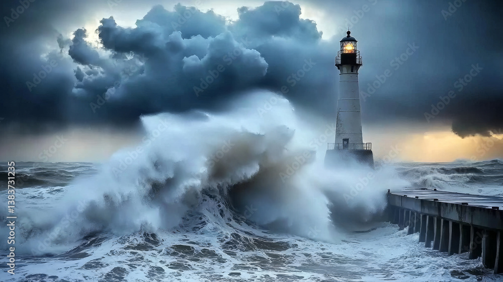 Waves Splashing Against Roker Lighthouse At The End Of A Pier; Sunderland, Tyne And Wear, England