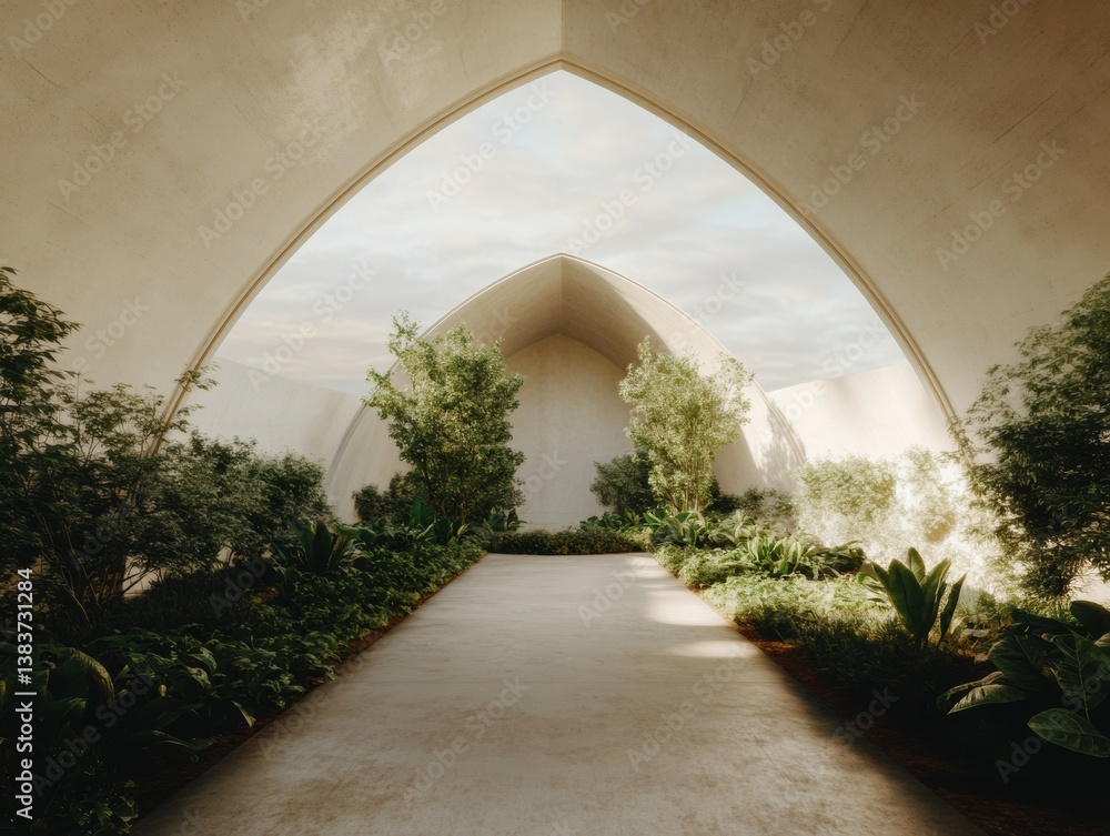 Fototapeta premium Biophilic Architectural Sanctuary Serene Gothic-Inspired Eco Design with Verdant Pathway - Minimalist Wellness Space Embracing Natural Light and Organic Geometry