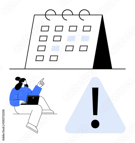 Calendar with marked dates, exclamation alert, and focused person using laptop. Ideal for scheduling, reminders, prioritization, task management, productivity deadlines warnings. Flat simple