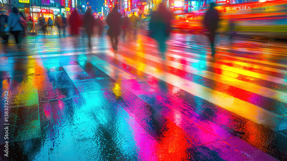 Fototapeta premium Neon city lights reflecting on wet street with people crossing at night