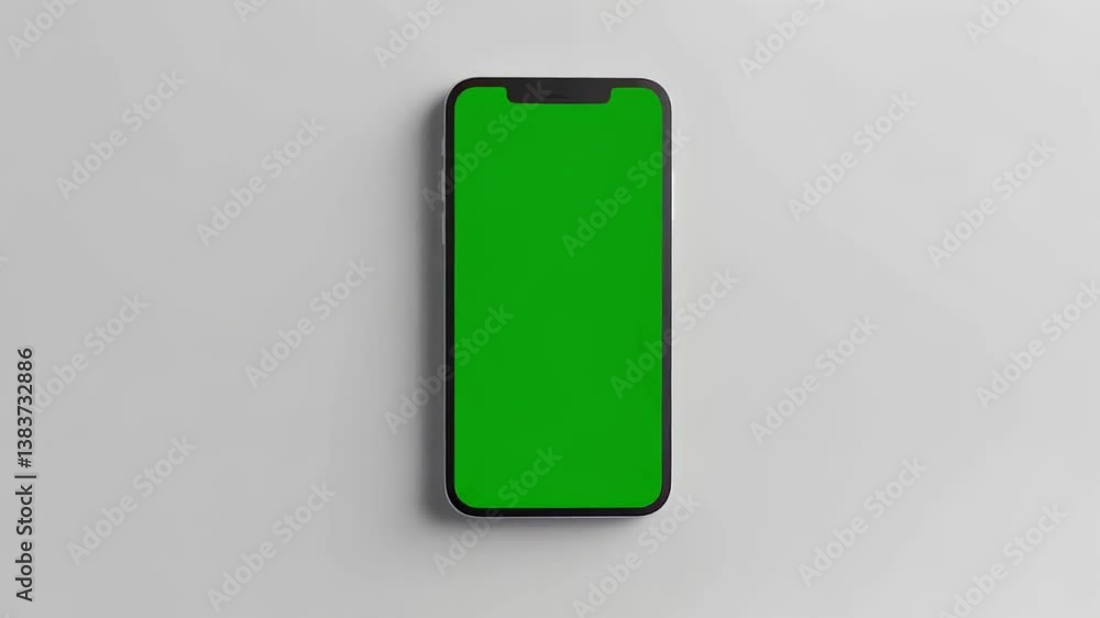 Modern smartphone featuring chroma key green screen display, resting on clean white surface, representing digital communication technology and innovative mobile design Modern smartphone featuring chroma key green screen display, resting on clean white surface, representing digital communication technology and innovative mobile design