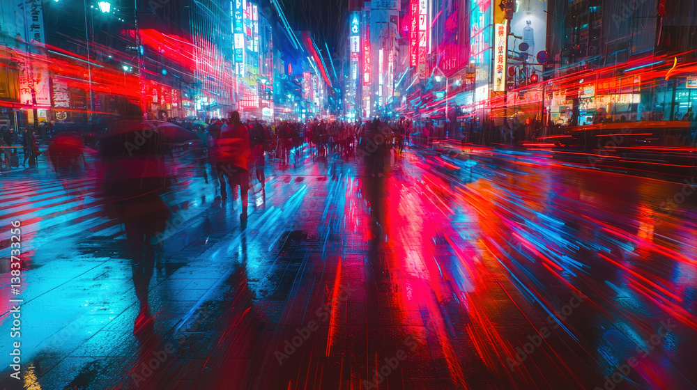 Fototapeta premium Neon city street at night with people walking and light trails photo art