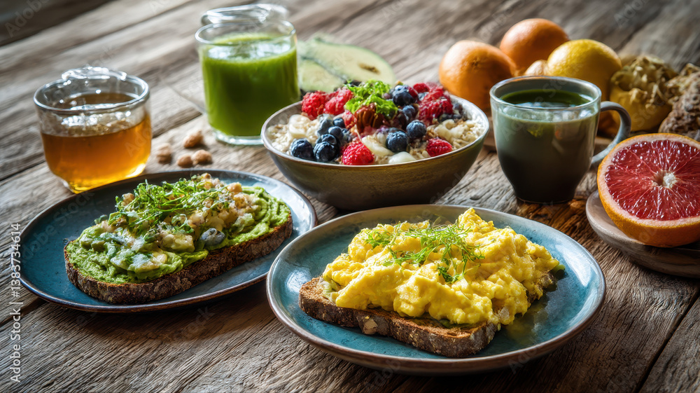 Healthy Breakfast with Fried Eggs, Avocado, and Fresh Fruits on Rustic Wooden Table Healthy Breakfast with Fried Eggs, Avocado, and Fresh Fruits on Rustic Wooden Table