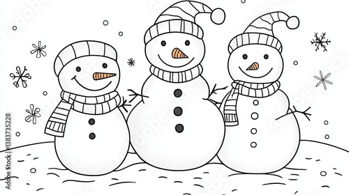 Coloring Book Page Featuring Three Cheerful Snowmen in a Winter Wonderland