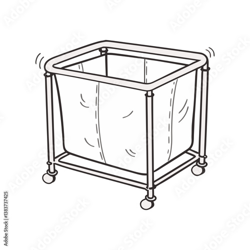 Rolling laundry basket vector with fabric liner and metal frame, clean black outline in a functional and minimal style.