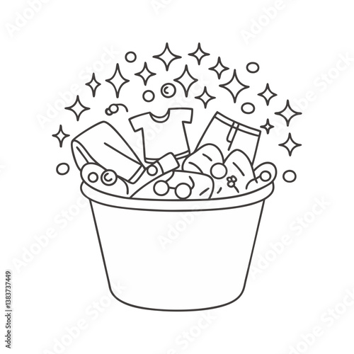 Laundry basket vector filled with clean clothes and sparkle accents, clean black outline in a fresh and minimal style.