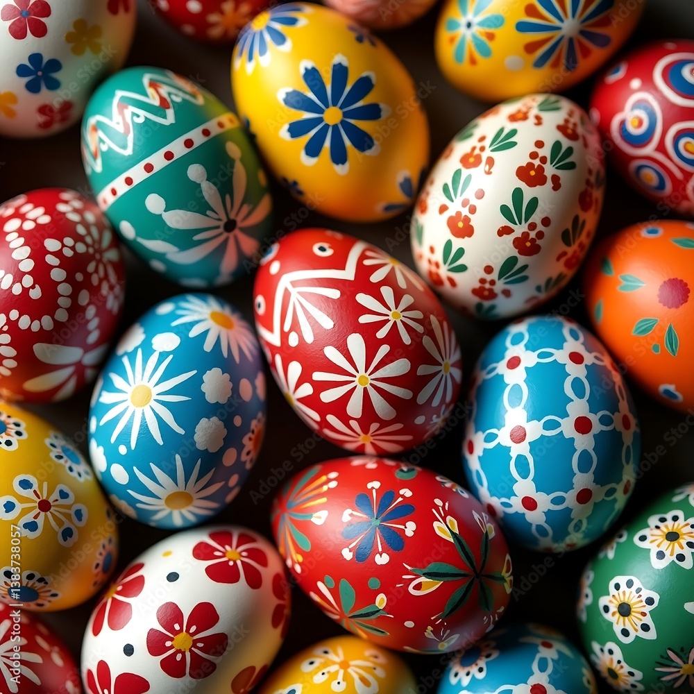 Vibrant Collection of Hand-Painted Easter Eggs with Floral and Geometric Designs Vibrant Collection of Hand-Painted Easter Eggs with Floral and Geometric Designs