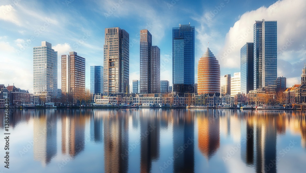 Modern skyscrapers and buildings along the waterfront in Amsterdam, Netherlands Modern skyscrapers and buildings along the waterfront in Amsterdam, Netherlands