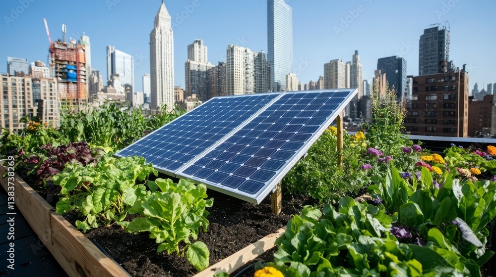 Fototapeta premium Urban Rooftop Garden with Solar Panels and City Skyline in Background