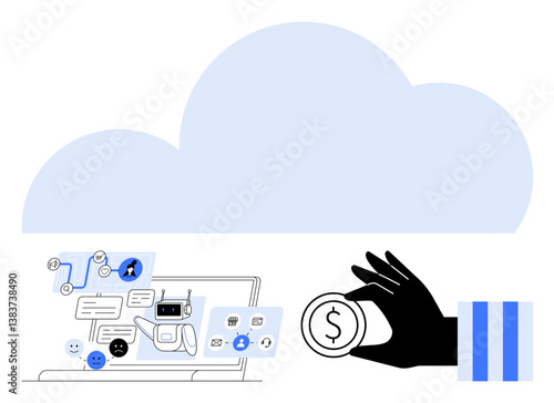 Hand holding coin symbolizing monetary value, laptop with chatbot, cloud above. Ideal for cloud computing, AI, fintech, digital transformation, automation financial technology innovation. Flat