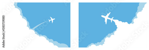 Plane Journey, travel, tours. Simple airplane travel opens the background behind itself. Airport advertising, trip abroad on vacation. vector illustration