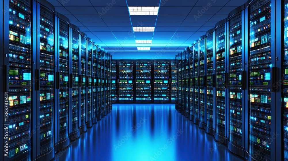Fototapeta premium Futuristic server room with glowing blue lights and rows of data racks, perfect for tech websites, cybersecurity themes, and IT infrastructure presentations