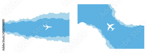 Plane Journey, travel, tours. Simple airplane travel opens the background behind itself. Airport advertising, trip abroad on vacation. vector illustration