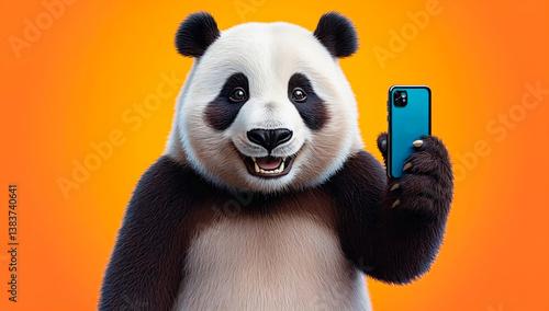 Funny smiling happy panda holding mobile blue phone.