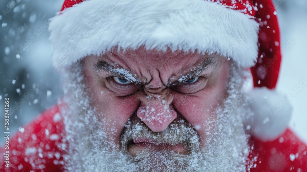 Extreme close-up of an Angry Santa Claus with a snow-covered face during winter Extreme close-up of an Angry Santa Claus with a snow-covered face during winter