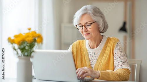 Mature woman in warm environment using laptop: A graceful mature woman with glasses and gray hair is working on a laptop computer. surrounded by a gentle ambiance of comfort and serenity.