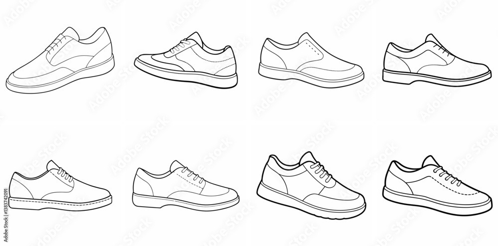 Shoes Outline Vector Set – Line Art Drawing for Coloring Book Page on White Background Shoes Outline Vector Set – Line Art Drawing for Coloring Book Page on White Background