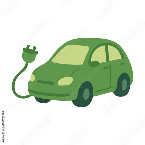 Cartoon green electric car with charging plug. Symbol of eco transport and clean energy.