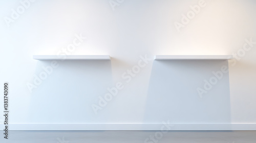 Wallpaper Mural Two empty white shelves on a clean white wall, representing a minimalist retail display Torontodigital.ca