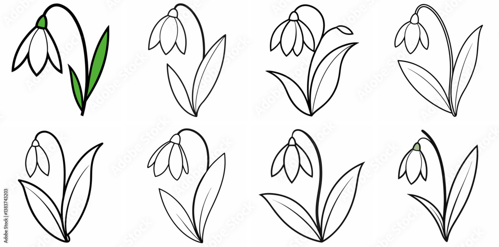 Fototapeta premium Snowdrop Outline Vector Set – Line Art Drawing for Coloring Book Page on White Background