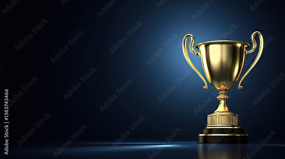 Golden trophy gleaming on reflective surface against dark blue background, spotlight illuminating success Golden trophy gleaming on reflective surface against dark blue background, spotlight illuminating success