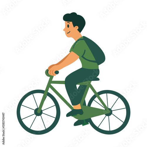 Young man riding green bicycle with backpack, promoting eco transport and healthy lifestyle.