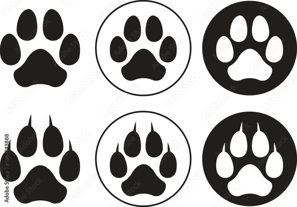 Fototapeta premium Dog footprint vectors icons set flat styles. Modern paw print symbols for animal zoo, vet logo elements apps and websites isolated on transparent background. Representing pet and animals illustration.