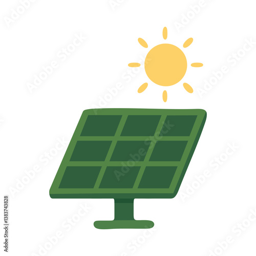 Flat cartoon illustration of solar panel and sun. Symbol of renewable green energy and eco power.