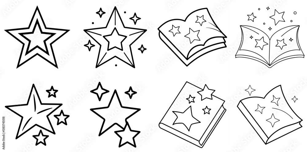 Fototapeta premium Stars Outline Vector Set – Line Art Drawing for Coloring Book Page on White Background