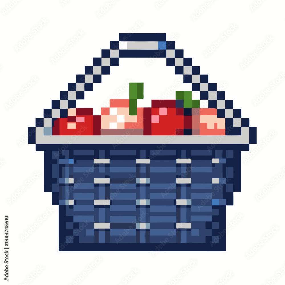 Fototapeta premium Pixel Art Basket with Apples and Peaches Retro Fruit Illustration in 8 Bit Style