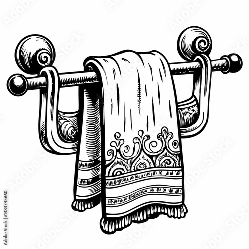 Vintage Hand Drawn Towel on Ornate Rack Illustration