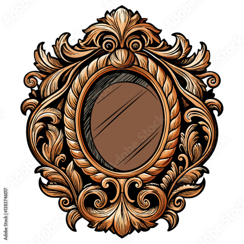 Ornate Vintage Baroque Oval Mirror Illustration in Gold and Brown Tones