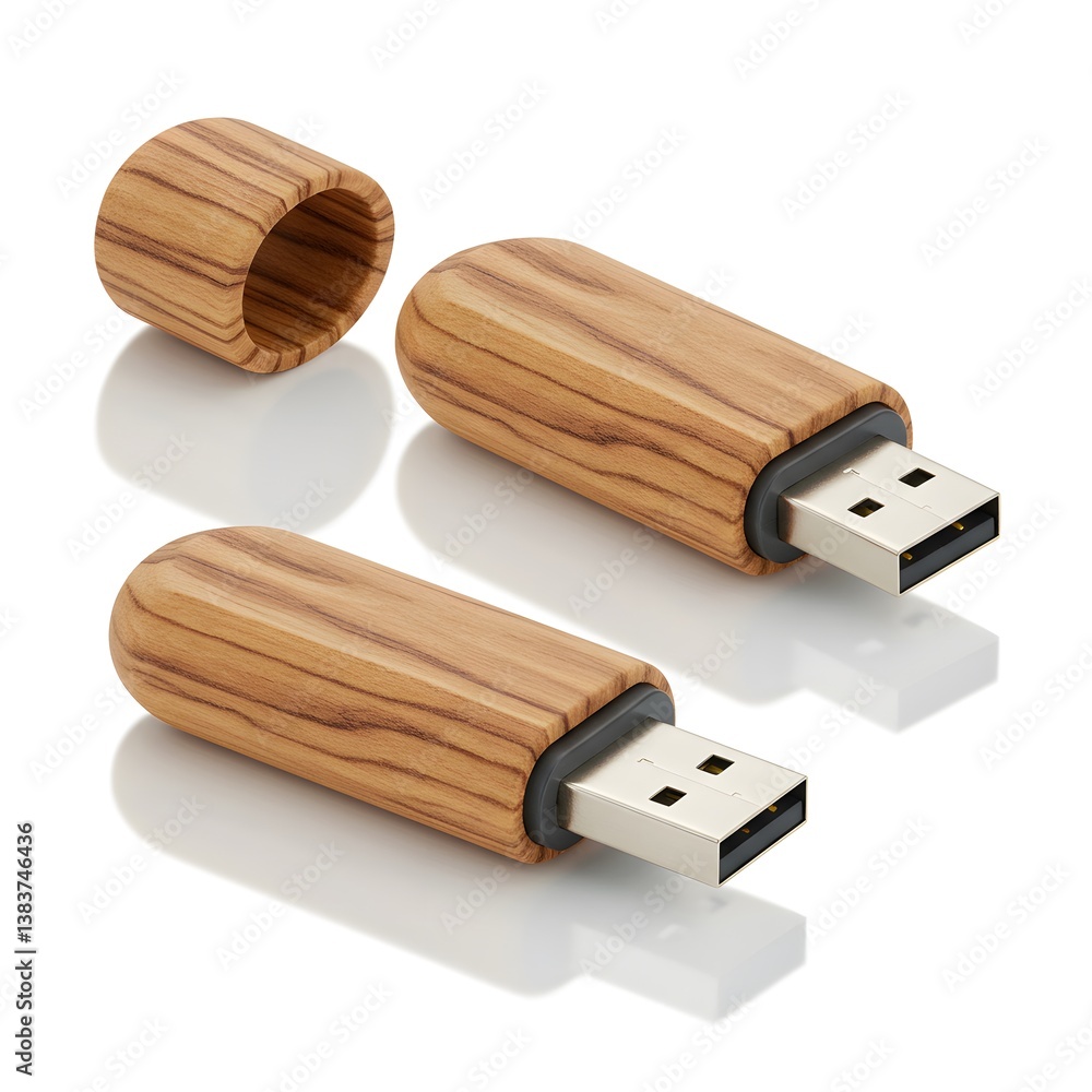 Elegant Wooden USB Flash Drive with Protective Cap Two Views Elegant Wooden USB Flash Drive with Protective Cap Two Views
