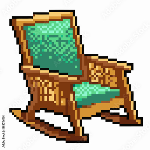 Vintage Pixel Art Rocking Chair Illustration with Green Cushions