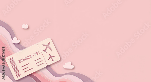 Travel Ticket on Soft Pink Background with Cloud Patterns  