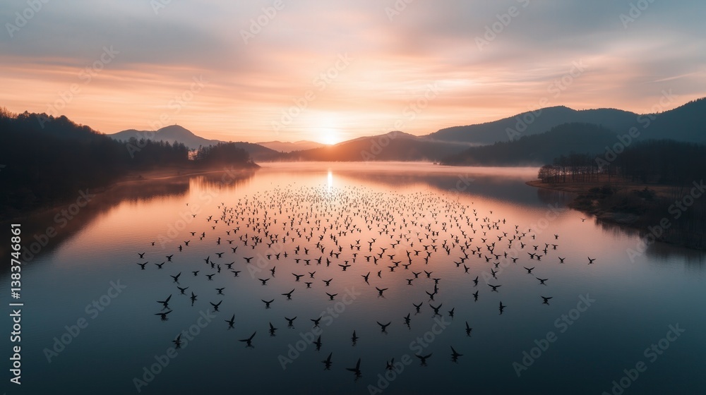 Fototapeta premium Sunrise over tranquil lake filled with flocks of birds practicing their morning dance in the misty dawn light Generative AI