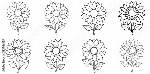 Sunflower Outline Vector Set – Floral Line Art Drawing for Coloring Book Page on White Background