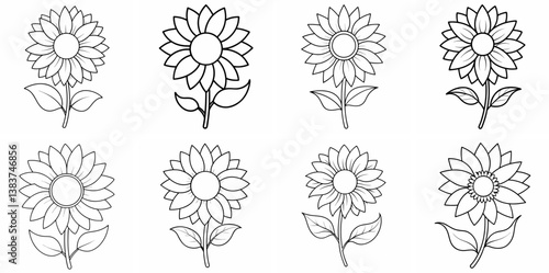 Sunflower Outline Vector Set – Floral Line Art Drawing for Coloring Book Page on White Background