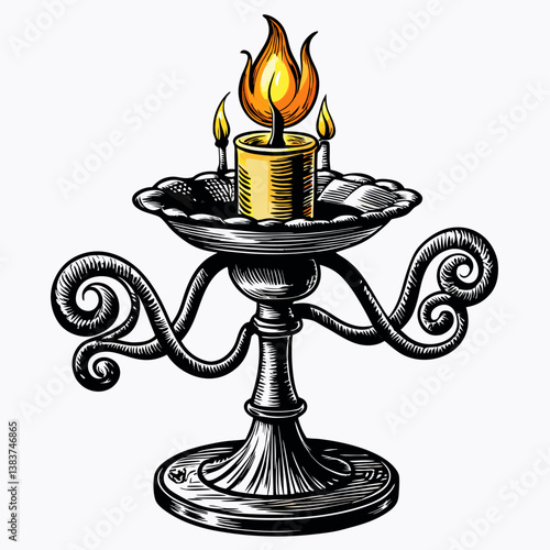 Vintage Ornate Candle Holder with Intricate Swirling Designs and Burning Flame