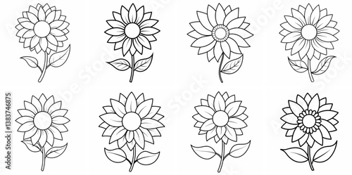 Sunflower Outline Vector Set – Floral Line Art Drawing for Coloring Book Page on White Background